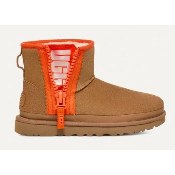 UGG Classic Short Mini Zipper Tape Logo Boots Chestnut Suede with Orange Zip - Picture 1 of 15